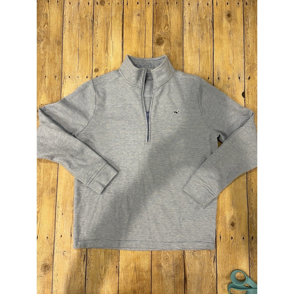 Vineyard Vines 1/4 Zip Pullover Light Blue/White Striped Boys Sz Lg Whale Logo
